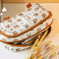 Multi Layer Capybara Stationery Bag Kawaii Pencil Cases Canvas Cartoon Pen Pouch Large Capacity Capibara Pencil Bag School