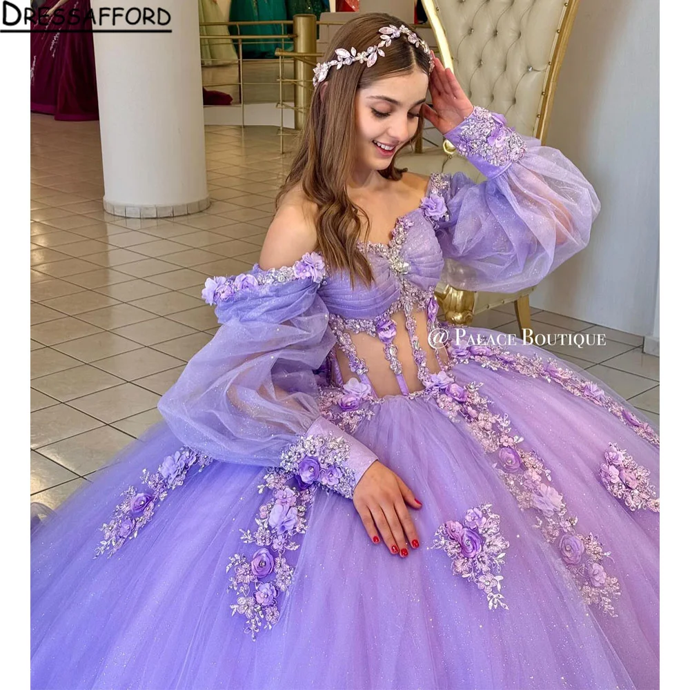 

Сиреневое блестящее милое платье Quinceanera с открытыми плечами с длинными рукавами, бусинами и цветочной аппликацией, бальное платье 15 лет