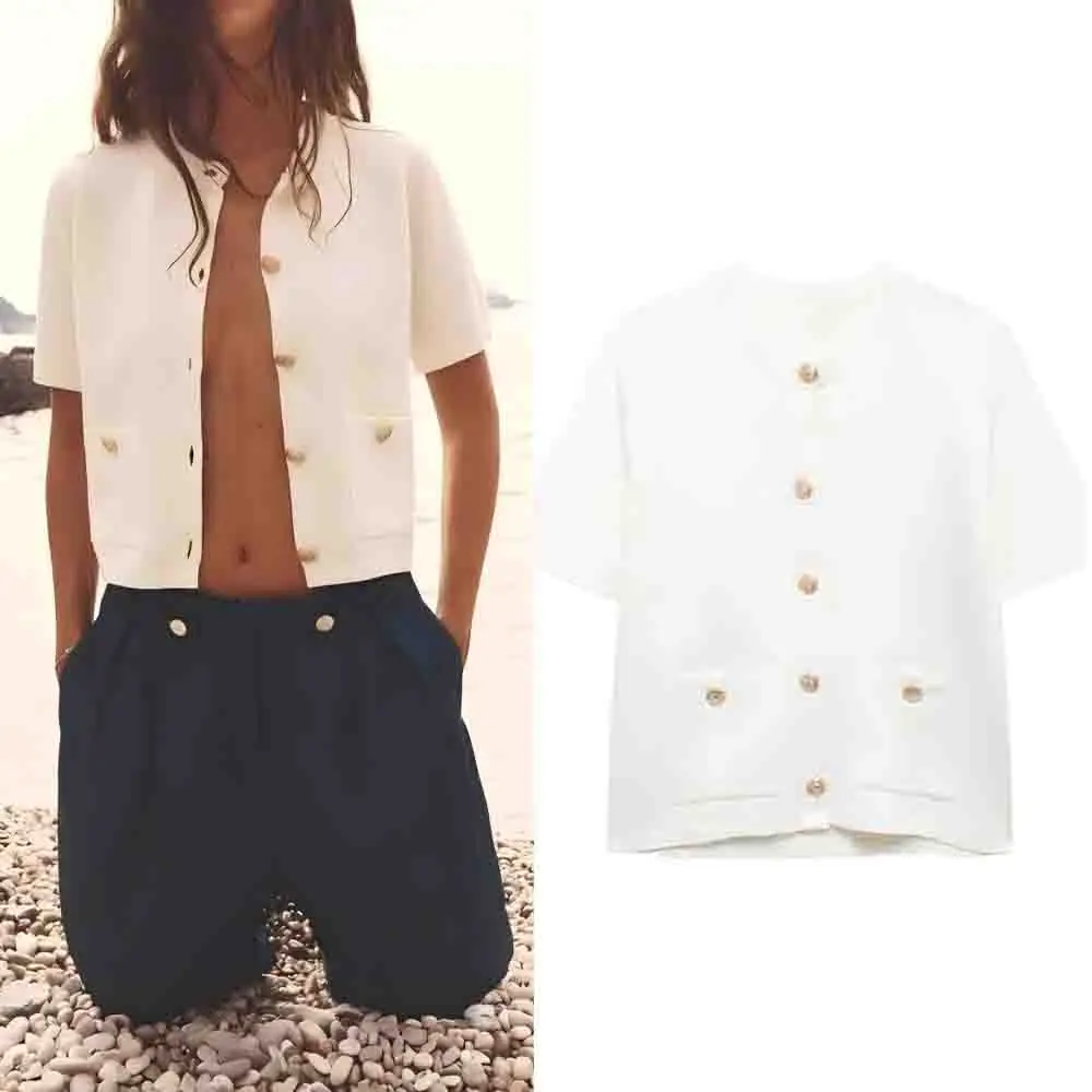 

Women's 2025 new fashion gold button decoration casual short sleeved knitted Coat retro O-Neck women's Outerwear chic top