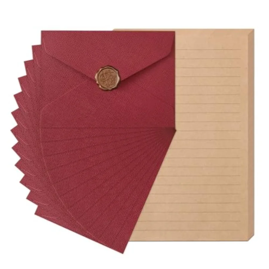 48 Pieces Stationery Set with Envelopes 24 Kraft Paper Sheets + 12 Linen Texture Envelopes+12 Wax Seal Stickers,Stationery Lett