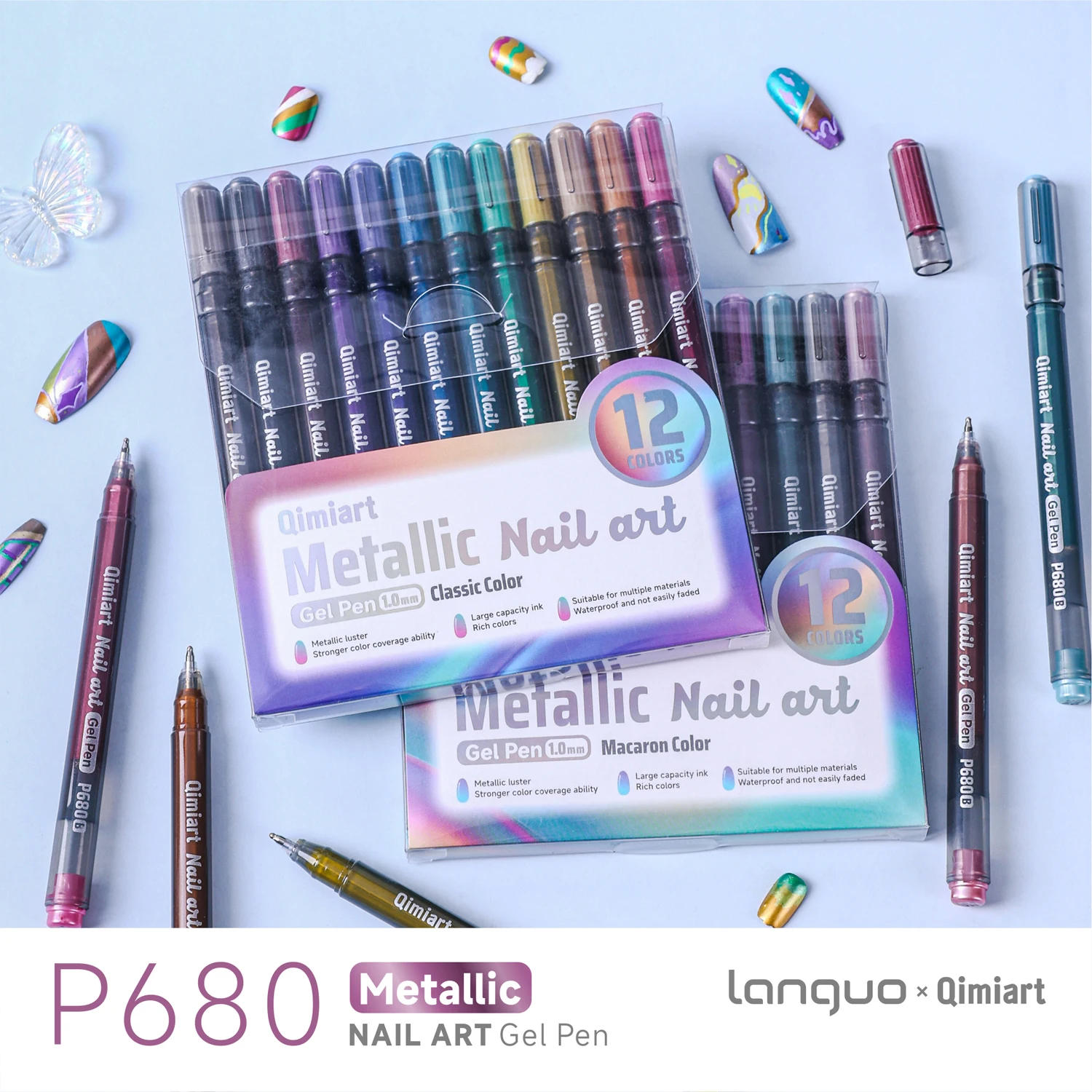 

Languo×Qimiart P680 12-цветный набор 1. Металлические ручки для нейл-арта 0 мм, большой объем чернил с плавным потоком, высоконасыщенные металлические цвета для нанесения одним движением, водостойкие и устойчивые к выцветанию, подходят для различных матер