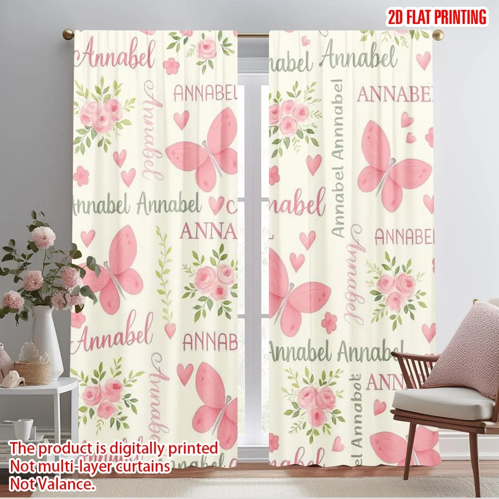 2pcs,2D plane printing Curtain Fabric Pink Butterfly Delight Durable 100% Polyester Fabric (without rod) Holiday Use for Home &