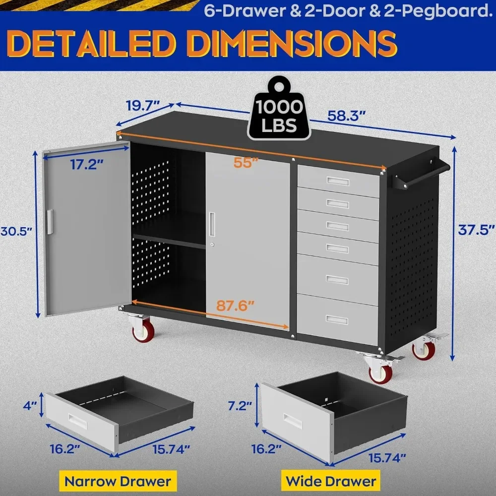 W Rolling Workbench with 6 Drawers and Storage Cabinet, 1000 LB Capacity Heavy Duty Work Bench with Pegboard and Adjustable Sh
