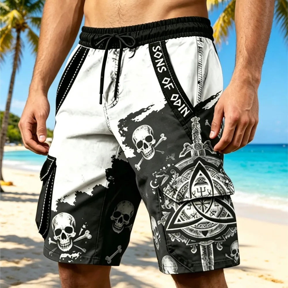Men Sons of Odin Skull Crossbones Print Cargo Shorts Drawstring Elastic Waist Viking Celtic Triangle Pattern Casual Streetwear K