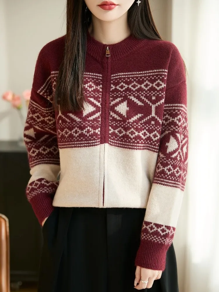 

Red Knitted Zipper round Neck Sweater Coat Women's Warm Base Layer Double Zipper Floral Embroidery Casual Style Spring Outerwear