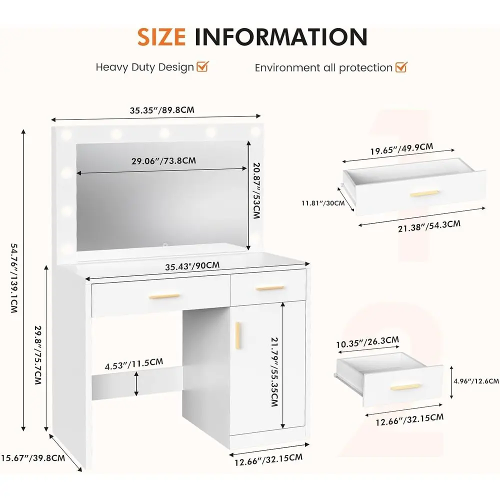 LED-verlicht make-up-ijdelheidsbureau met opbergruimte, instelbare helderheid, 3 verlichtingsmodi, witte kaptafel voor dames- en meisjesbed