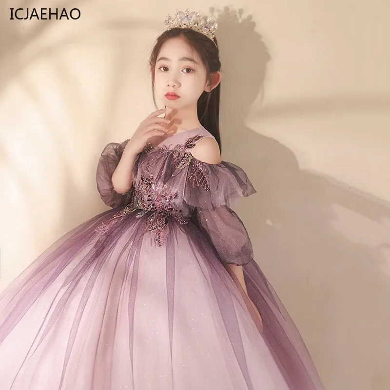 ICJAEHAO Elegant Party Dress Junior Girls Children Sequined Purple Tulle Dresses Kids Grad Night Formal Ball Gowm Party Vestido