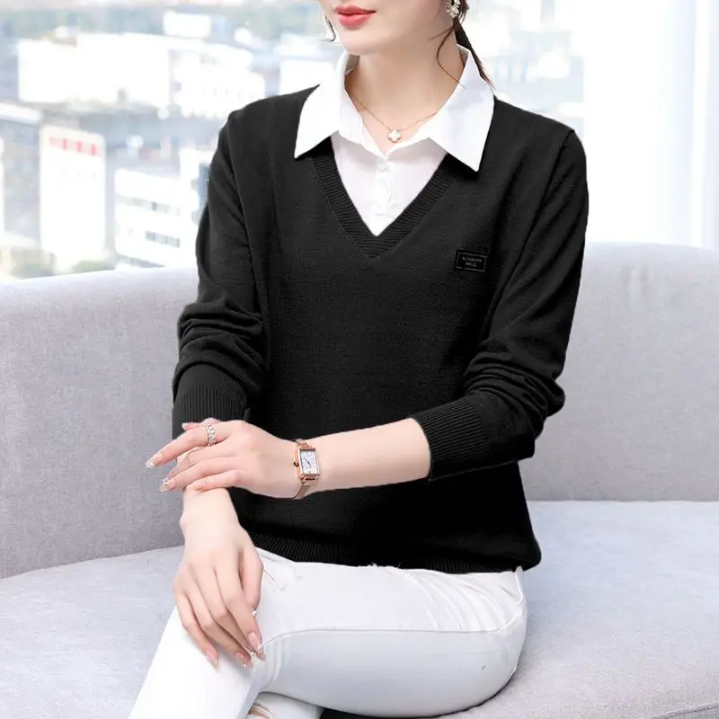 Pulls à manches longues à col polo pour femmes, pulls épissés, faux deux pièces, monochromatique, polyvalent, bureau, mode, automne, hiver