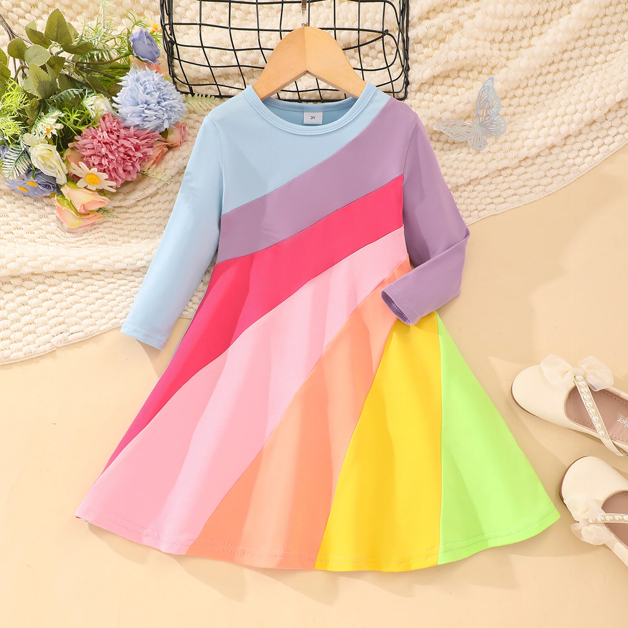 2023 Dress Children\'s Girl Dress Contrast Color Round Neck Long Sleeve Party Princess Dress 3 4 5 6 7 8 Years Flower Girls Dress