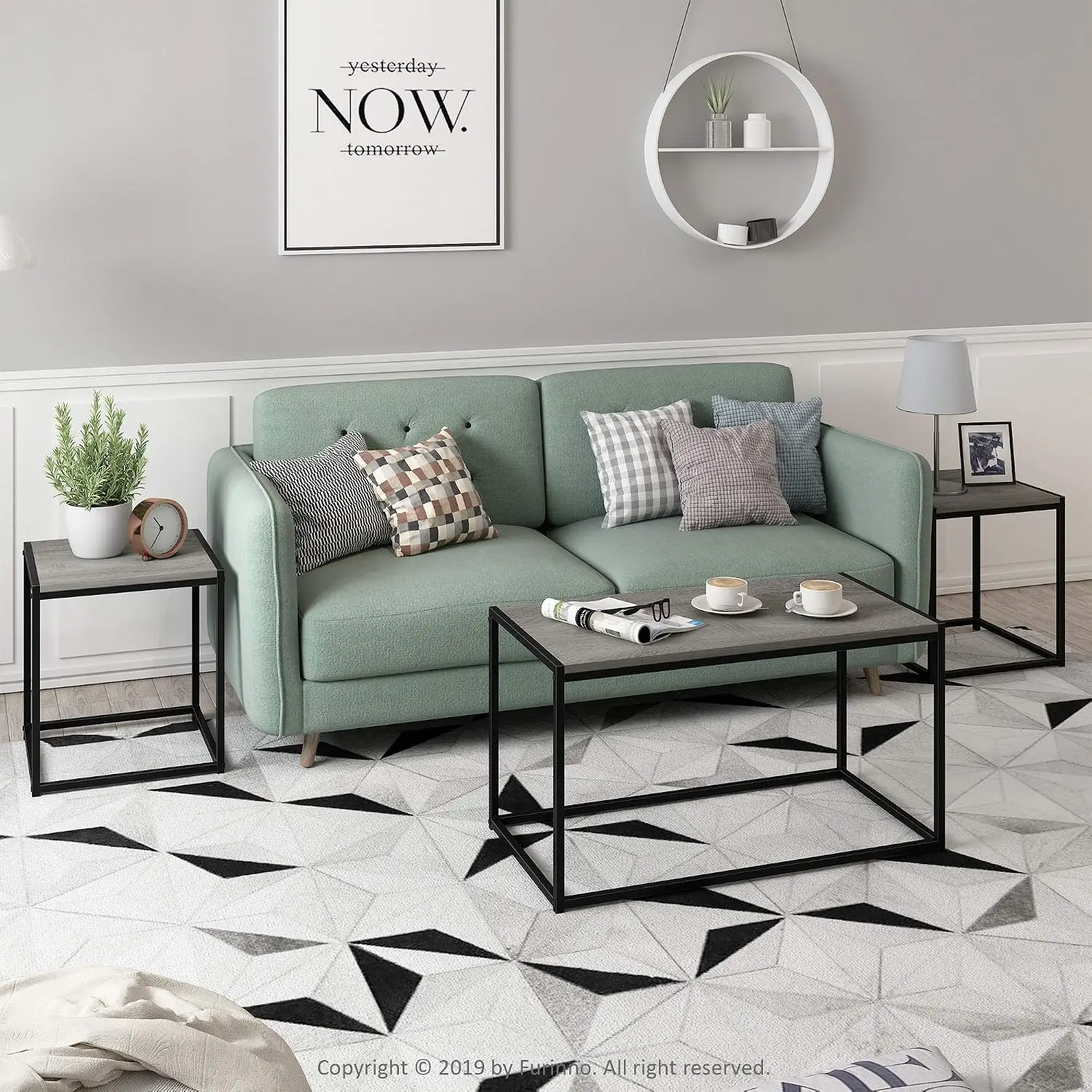 Metal Frame Living Room Table Set French Oak Grey, Customized