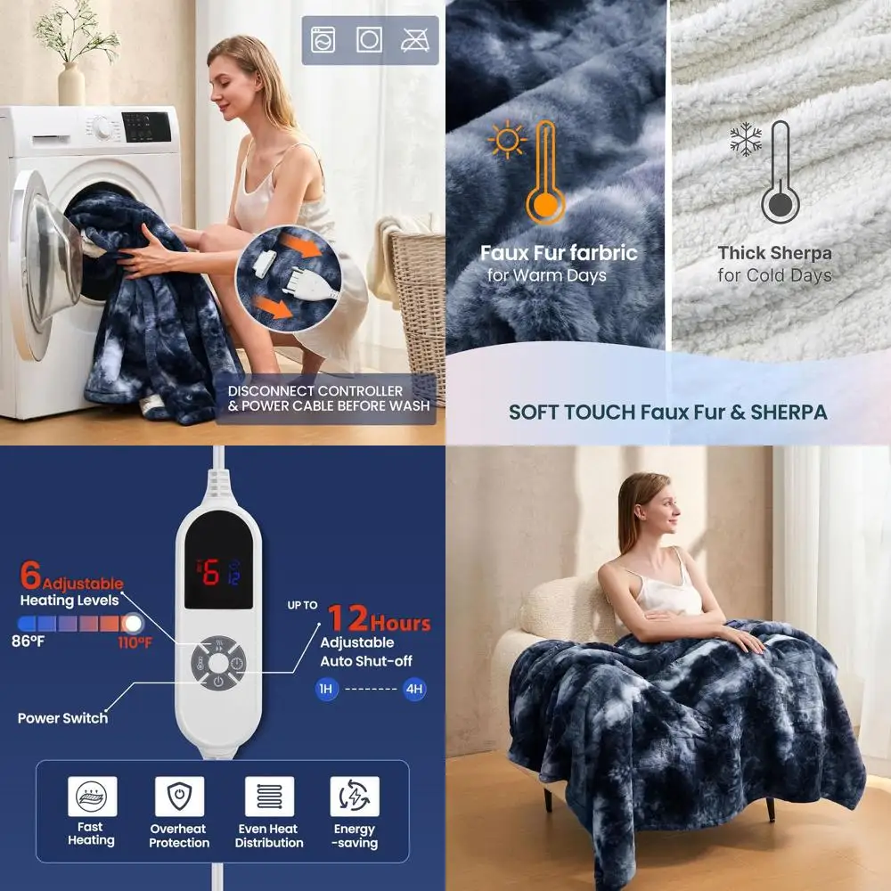 

Роскошное синее электрическое одеяло двойного размера, 62x84, мягкий плюшевый мех кролика, 6 уровней нагрева и 12 часов с автоматическим отключением