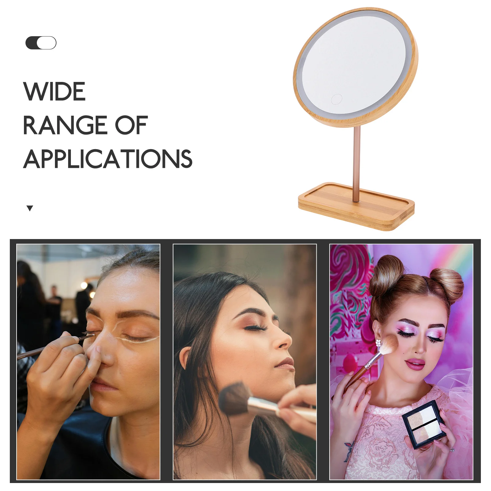 Specchio per trucco da 1 pezzo con luce a LED Specchio cosmetico da tavolo in legno per bagno Camera da letto Uso da tavolo Design del vassoio portaoggetti