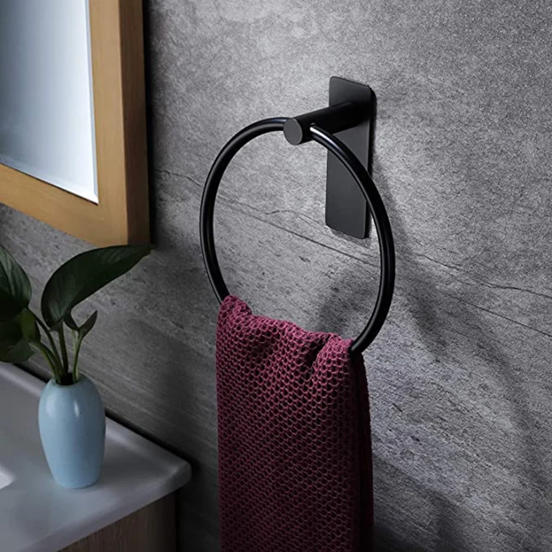 Portasciugamani/portasciugamani-portasciugamani rotondo autoadesivo portasciugamani per bagno, acciaio inossidabile nero