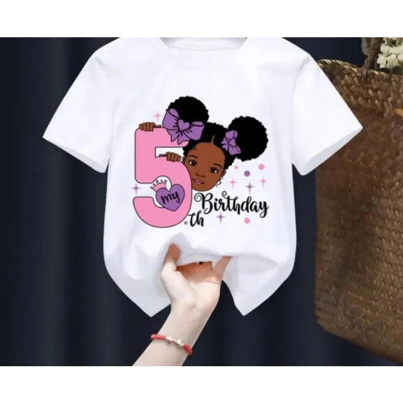 Black Girl My  Birthday Number Print Name T-shirt Children Birthday Gift Present Clothes BabyLetter TOps Tee