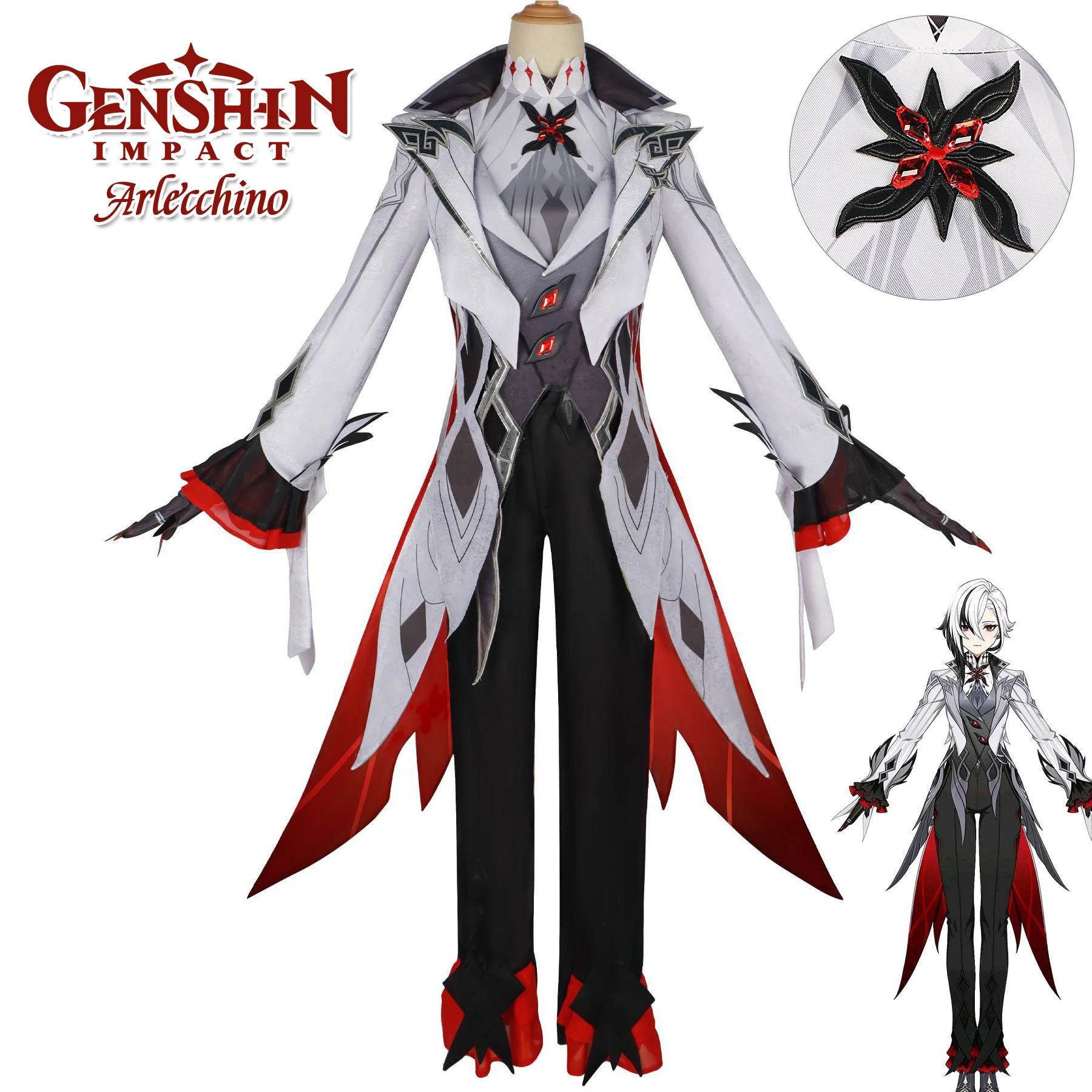 Genshin Impact Arlecchino Cosplay Costume Genshin Impact Arlecchino The Knave Cosplay Costume Full Set Wig Uniform