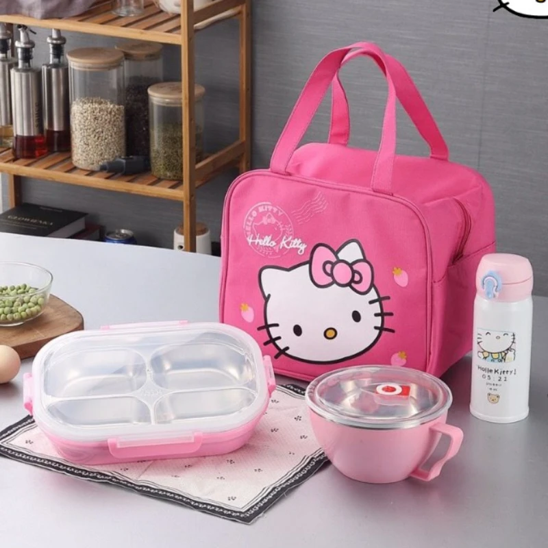 

Sanrio Anime Hello Kitty Cartoon Bento Box 304 Stainless Steel Student Lunch Box Children Outdoor Outing Portable Tableware Sets