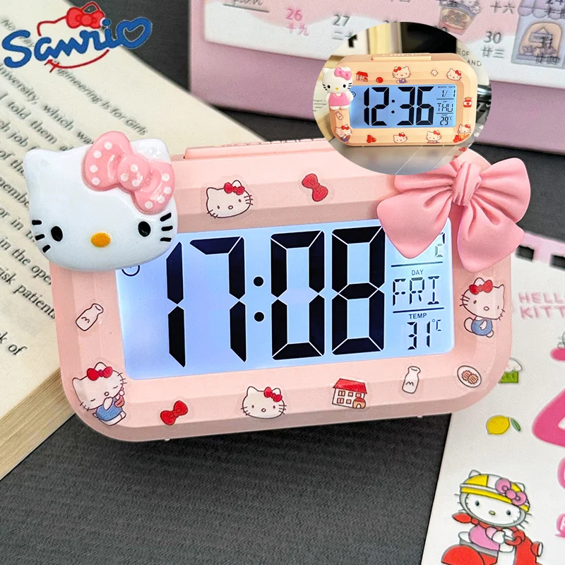 Sanrio Hello Kitty Alarm Clock Glow-in-the-night Bedside Clock Kawaii Pochacco Student Multifunctional Desk Clock Can Be Timed