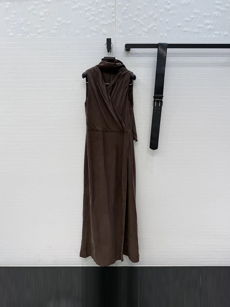 Spring Summer Fashion Mocha Brown Copper-amine Thread Bunting Long Dress Women's V-Neck Sleeveless High Waist Vintage Dresses