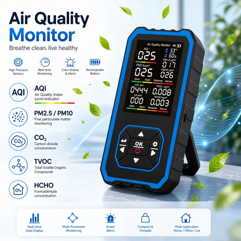 Carbon Monoxide Detector Home CO2 Indoor Air Quality Monitor for TVOC HCHO Temp Large Color Screen USB Charging Cars PL공기질측정기