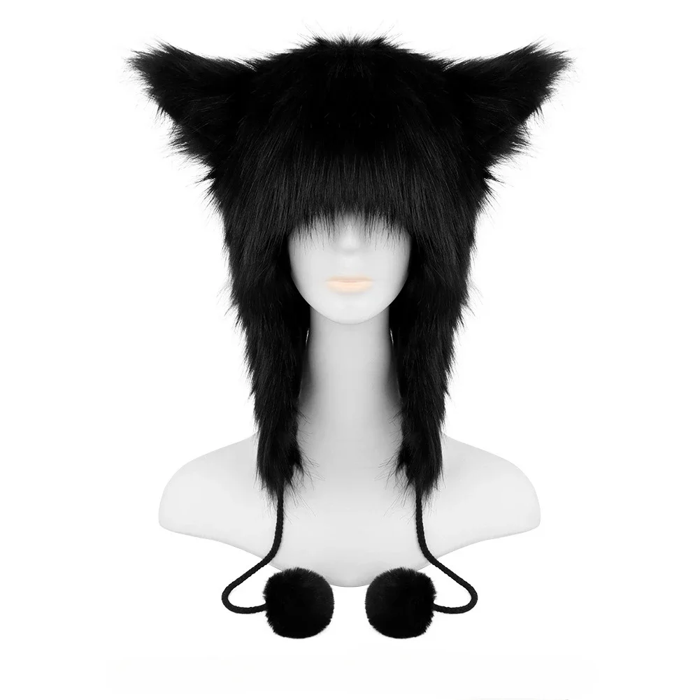 Artificial Autumn Winter Warm Hairball Hat Ear Protection Head Plush with Ears Tribal Hat Cat Ears Halloween Fox Haedwear Anime