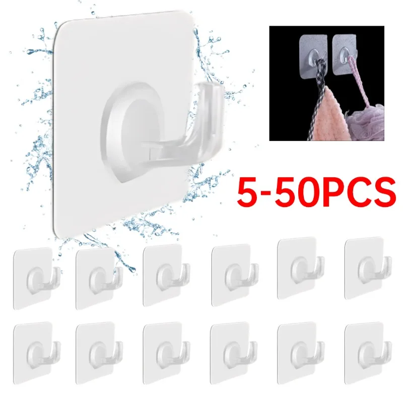 

5-50PCS Transparent Wall Hooks Self Adhesive Wall Mounted Hanger Hook No Scratch Waterproof Adhesive Hooks For Kitchen Bathroom