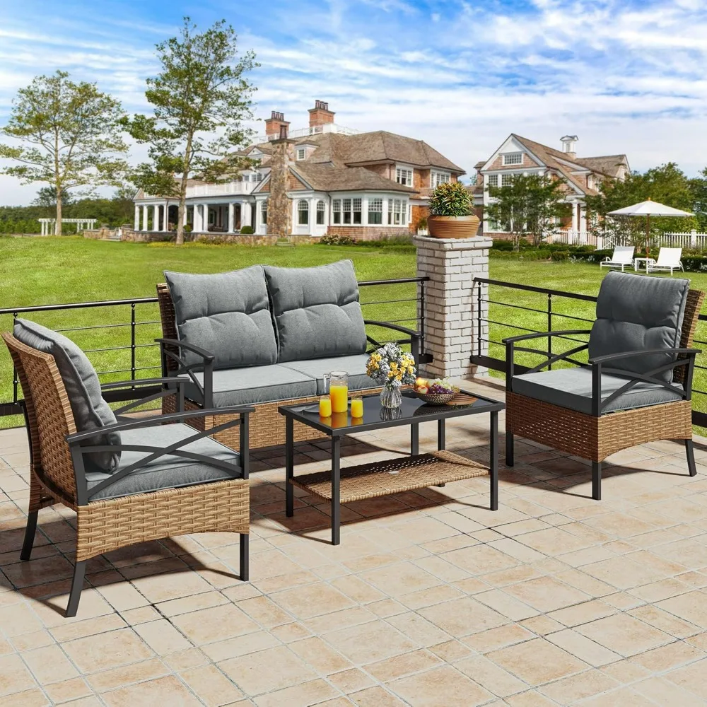 

4-Piece Patio Furniture Wicker Outdoor Bistro Set, All-Weather Rattan Conversation Loveseat Chairs for Backyard, Balcony and De
