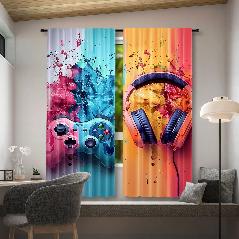 Gaming Gear Window Curtains 2 Panels, Paint Splash Controller Headset Bright Gradient Art Print Drapes for Boys Game Room Decor