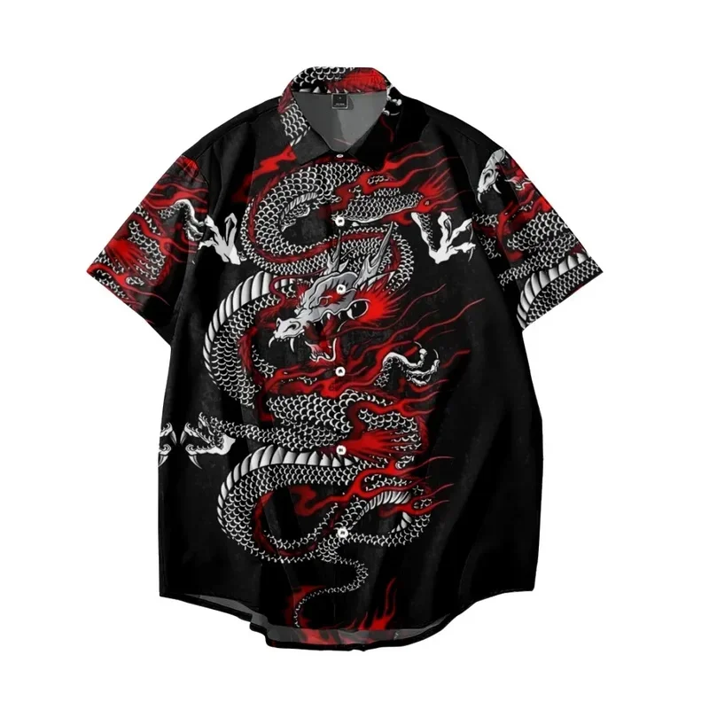 Chemise hawaïenne à manches courtes pour hommes, haut respirant, chemisier décontracté, chemise vintage, vêtements de la société, nouvel an, dragon, Y2K