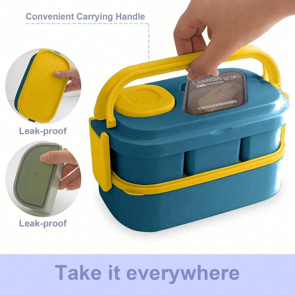 50oz Large Capacity Stackable Lunch Bento Box with Carry Handle, 4 Compartment Food Container, Matching Salad Bowl & Complete Utensils Included, Microwave Safe Meal Box for Daily Use view 4