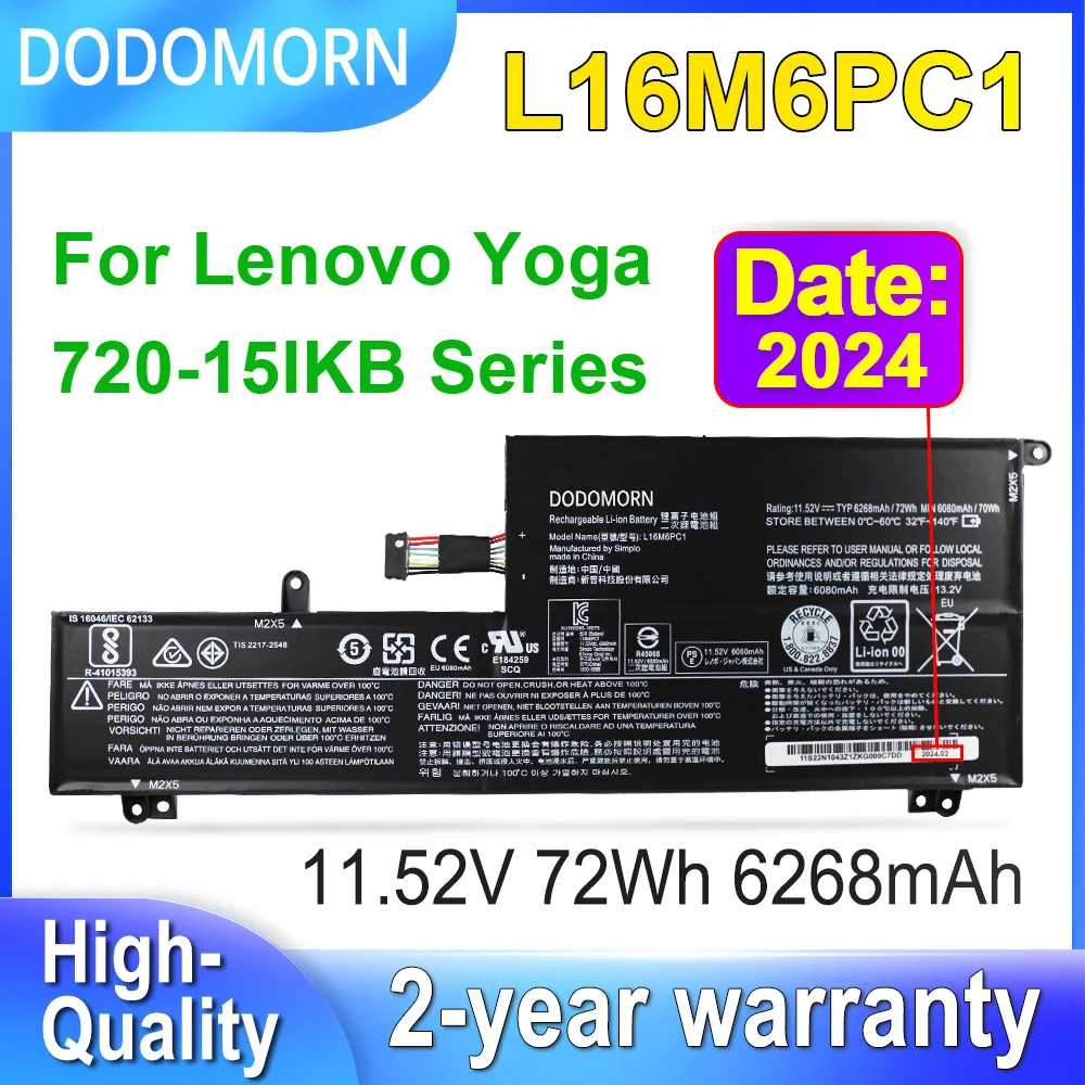 

DODOMORN L16M6PC1 For Lenovo Yoga 720-15IKB Battery L16L6PC1 L16C6PC1 Laptop Batteries 11.52V 72Wh 6268mAh High Quality In Stock