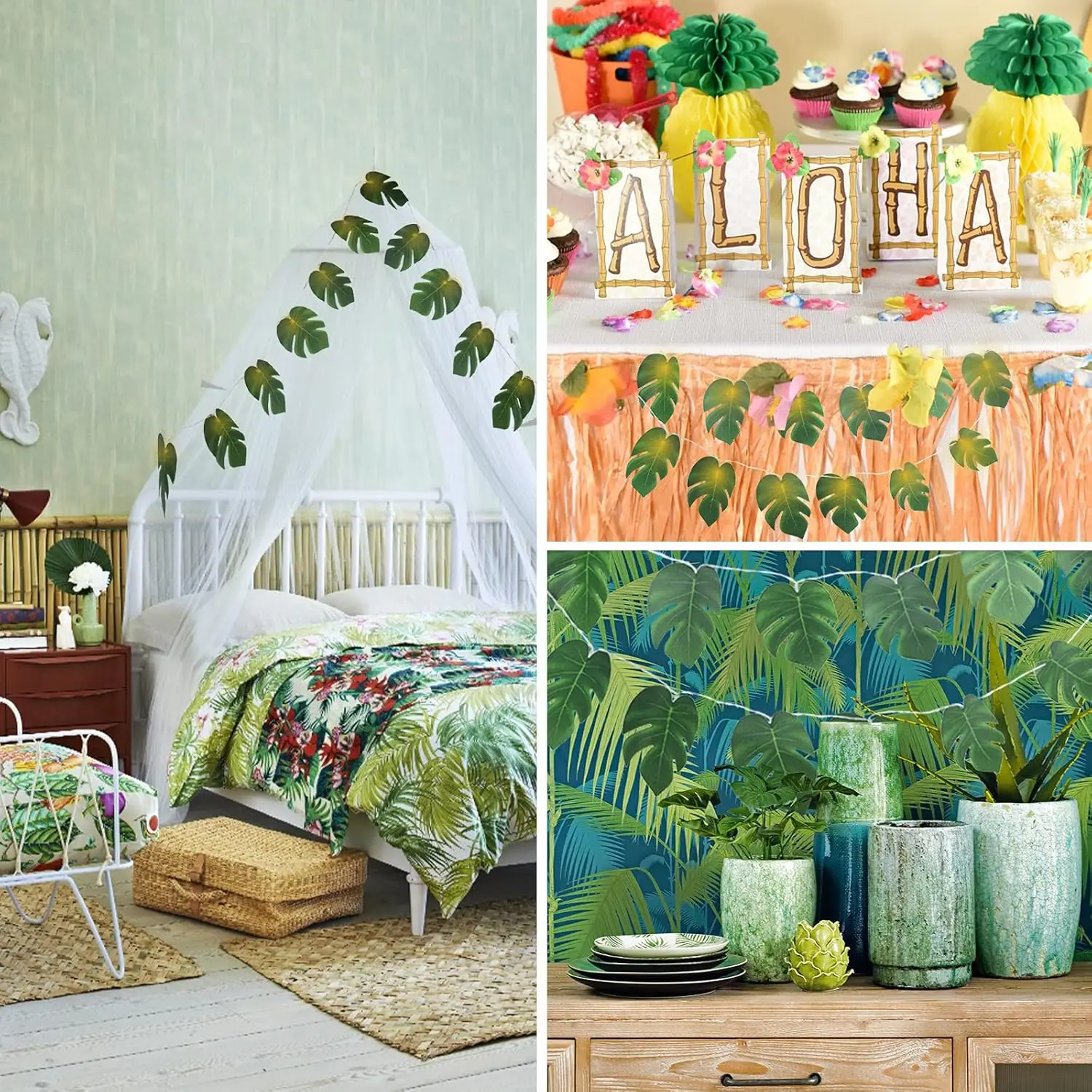 Monstera-Blatt-Lichterkette, tropische künstliche Rattan-Palme, grüne Blätter, Wandbehang, Weingrün, Party-Sommerdekoration – Detail 7
