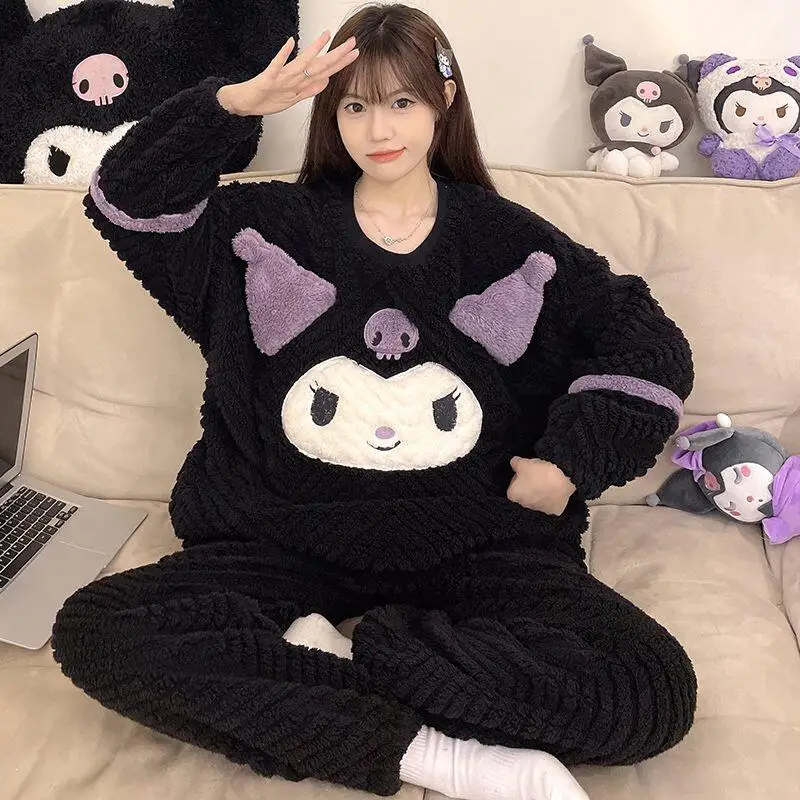 Sanrio nuevo estilo pijamas 2 uds Kuromi Coral franela ropa de hogar Otoño e Invierno franela agregar franela gruesa conjunto Casual caliente