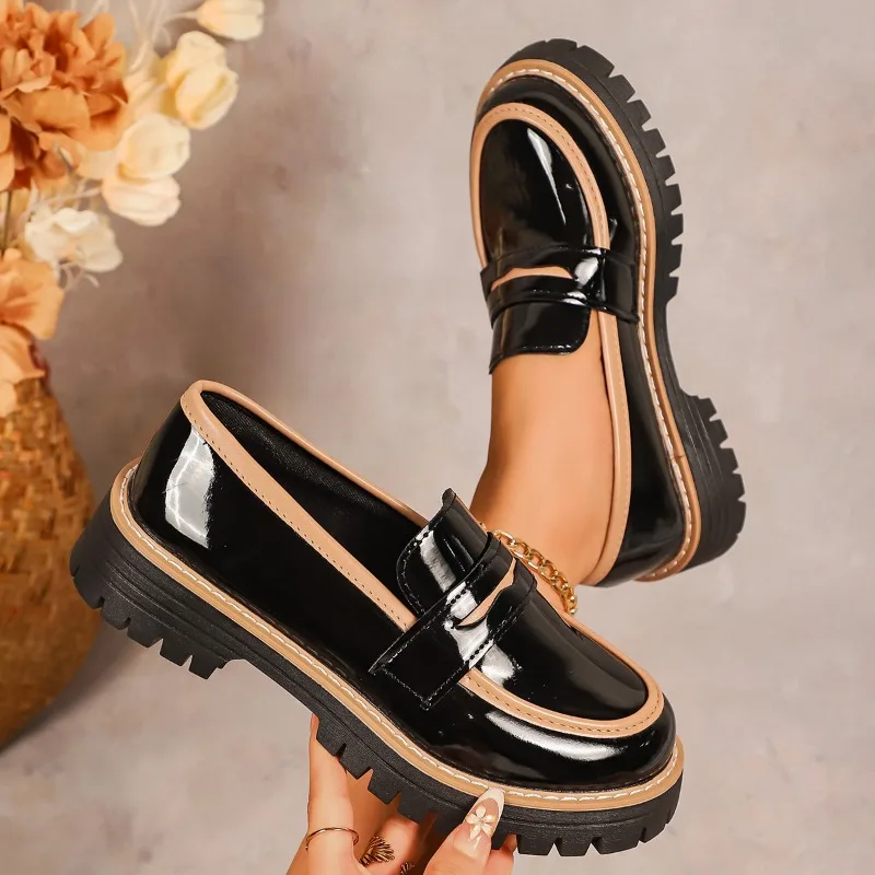 

Элегантные женские лоферы на плоской подошве, большие размеры, лоферы из лакированной кожи с галстуком-бабочкой, женские осенние круглые туфли на толстой подошве