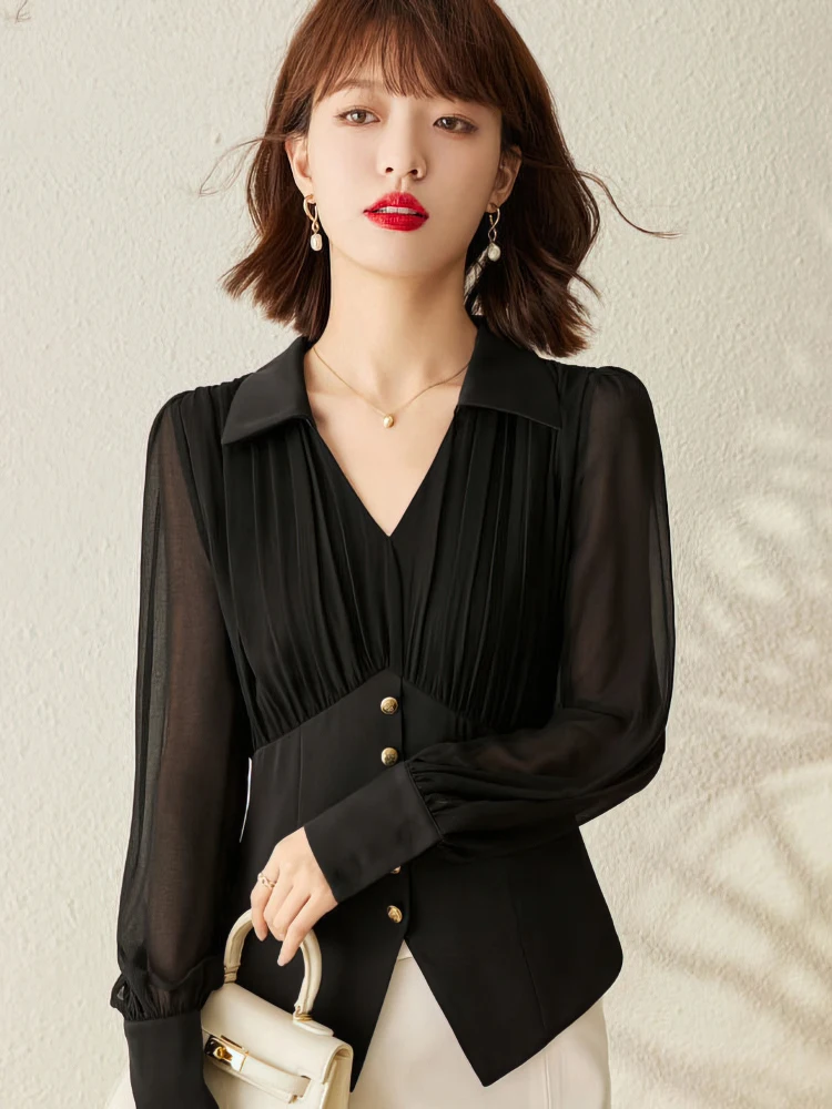 Chiffon Elegant Blouse Women Youth Casual Lady Plain Shirt Korean Chic Luxury Outerwears Mesh Puff Long sleeve V neck Office