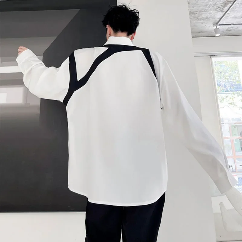 Black White Splice Shirt Men Net Celebrity Streetwear Fashion Show Loose Casual Long Sleeve Shirt Blouses Male Stage Clothing