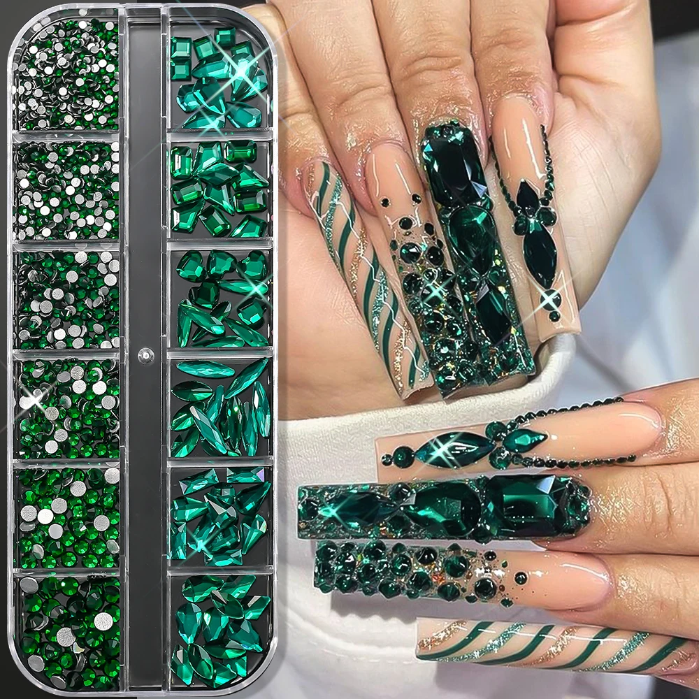 12-شبكة الزمرد الأخضر ثلاثية الأبعاد أحجار الراين الزجاجية متعددة الأشكال هندسية مسطحة مسمار الأحجار الكريمة الفاخرة الأخضر لتقوم بها بنفسك زينة الأظافر لوازم =
