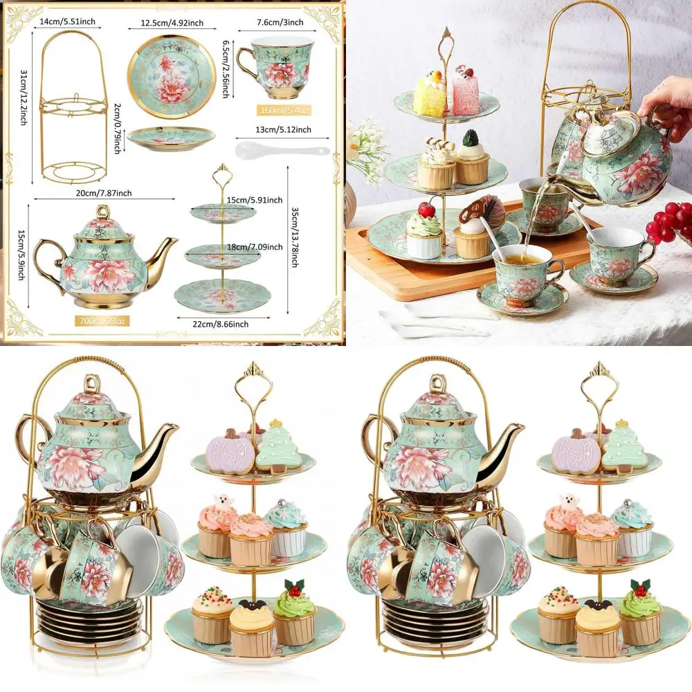 

Elegant 21-Piece Porcelain Tea Set with Metal Holder and 3-Tier Cake Stand for Women's Tea Parties and Special Occasions