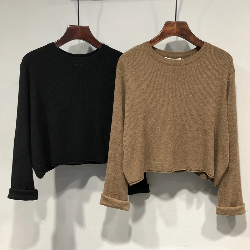 

Loose Women's Knitted Top Pure Color Lazy Style Short Sleeve T-Shirt Korean Version Cotton Blend Long Sleeve round Neck Short...