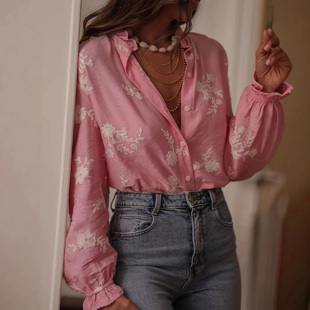 Women's Elegant Floral Print Blouse 2026 Spring Turn Down Collar Lantern Sleeve Long Sleeve Shirt