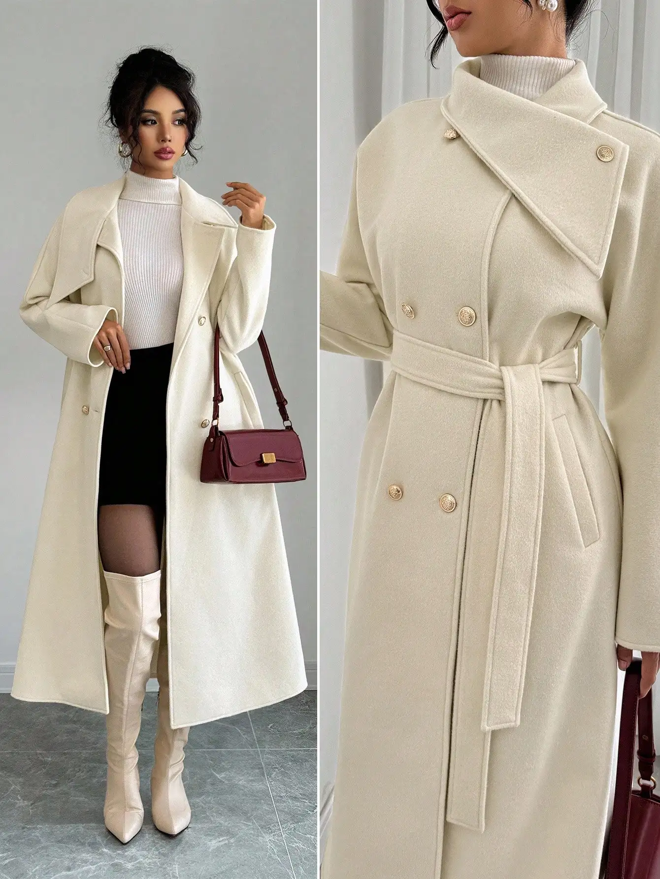 

Women's Cream Double-Breasted Long Wool Coat with Belt, Elegant Winter Outerwear for Commuting