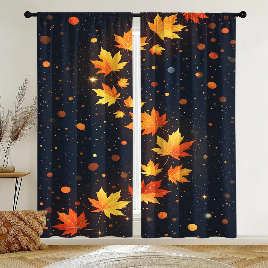 2PCS Digital Print Curtain, Falling Maple Leaves Light Spots, Dark Blue Autumn Bokeh Nature Style for Living Room Bedroom Decor