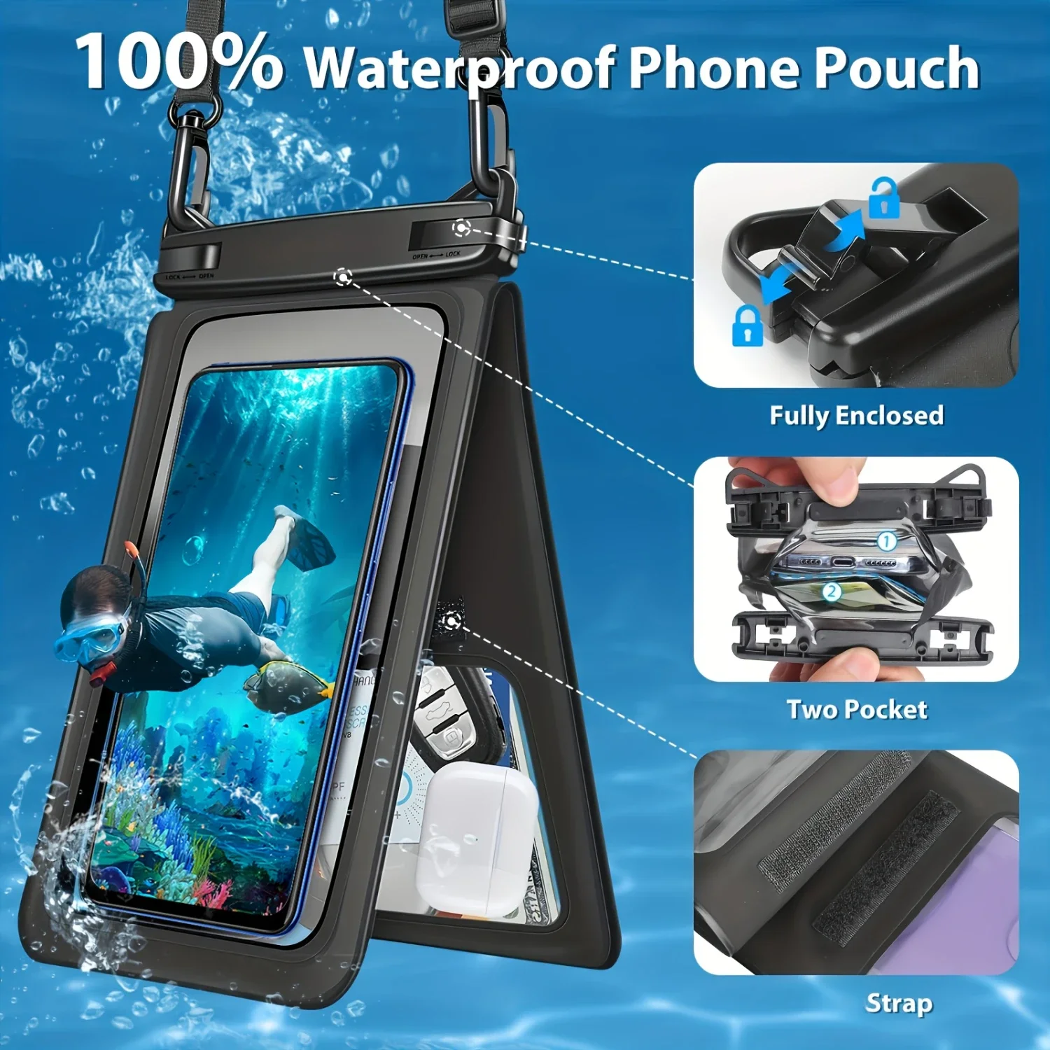 Kantong Ponsel Tahan Air untuk Berenang, Berselancar & Menyelam - Kotak Ruang Ganda Besar