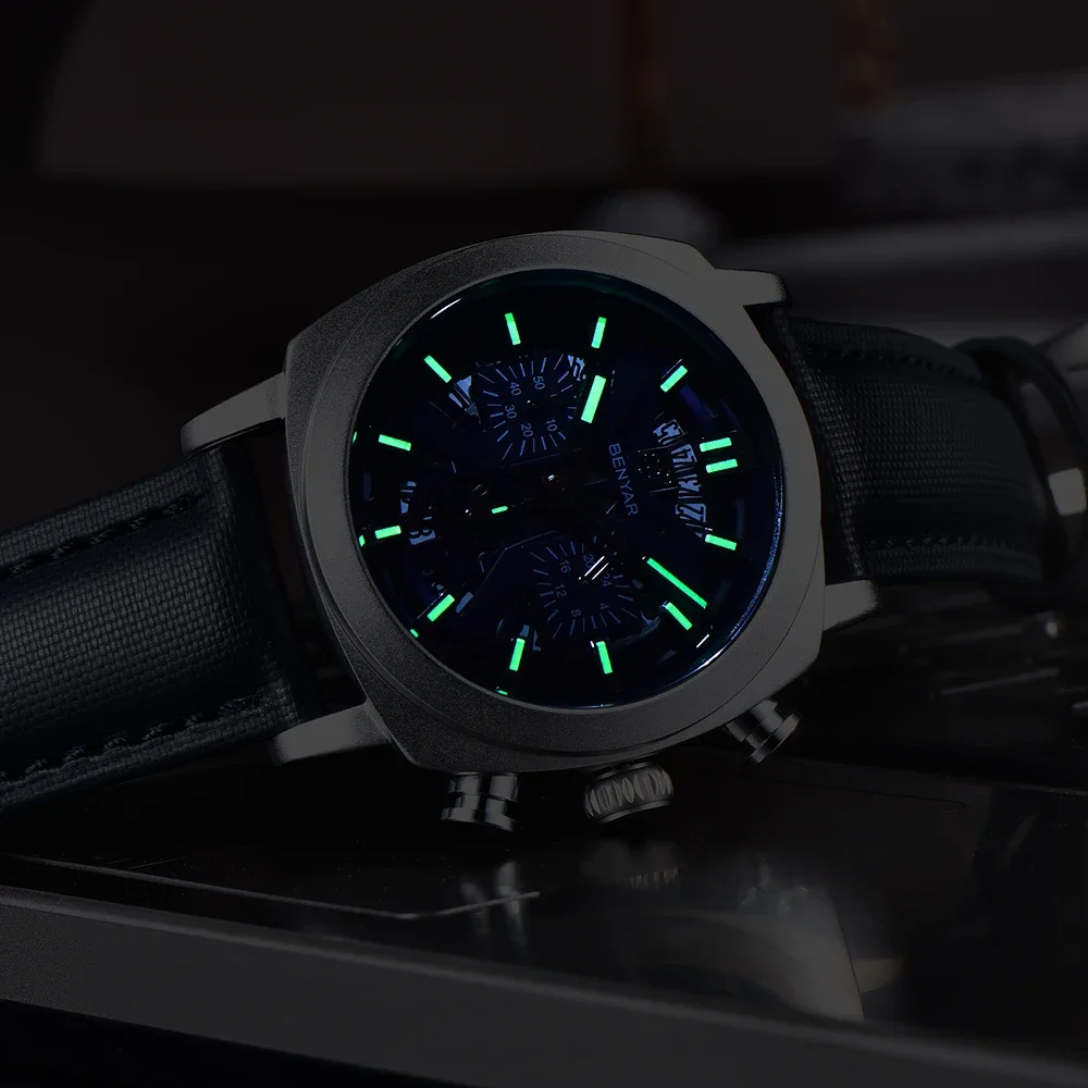 Benyar relógios para homem 5205 novo 43mm mostrador luminoso relógio de pulso quartzo cronógrafo 50m à prova dwaterproof água relógio masculino relogios masculino