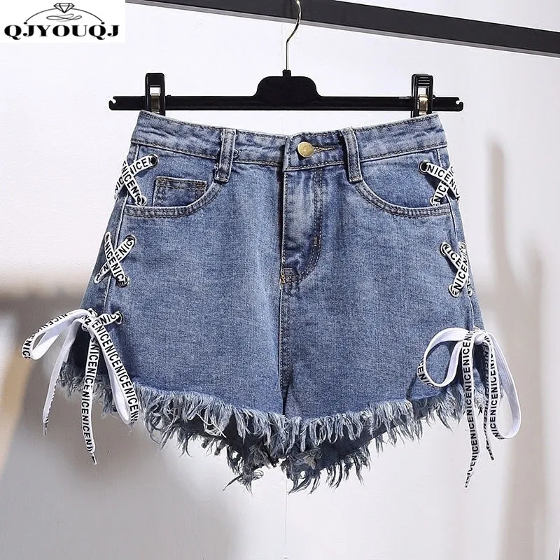 2024 Spring/Summer Plus Size Women's Fat MM High Waist Denim Shorts Women's Loose Ragged Edge Wide Leg Hot Pants