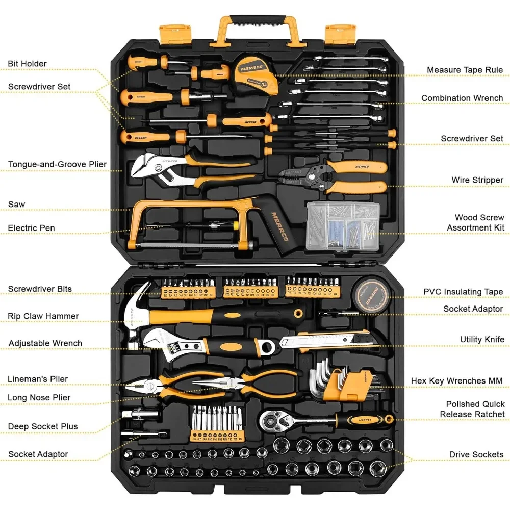 198 Piece Home Repair Tool Kit, Wrench Plastic Toolbox with General Household Hand ToolsSet tools chest  tool box organizer