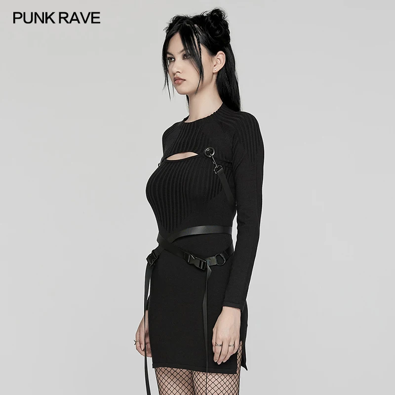 PUNK RAVE Women's Punk Knitted Dress Set Detachable Adjustable Buckle Webbing Enhance Body Shape Club Dresses Multiple Wearing