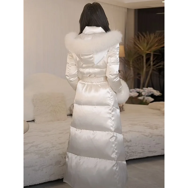 Moda versatile design giù vestiti di cotone stile invernale da donna temperamento celebrità grande collo di pelliccia vita e cappotto lungo sottile