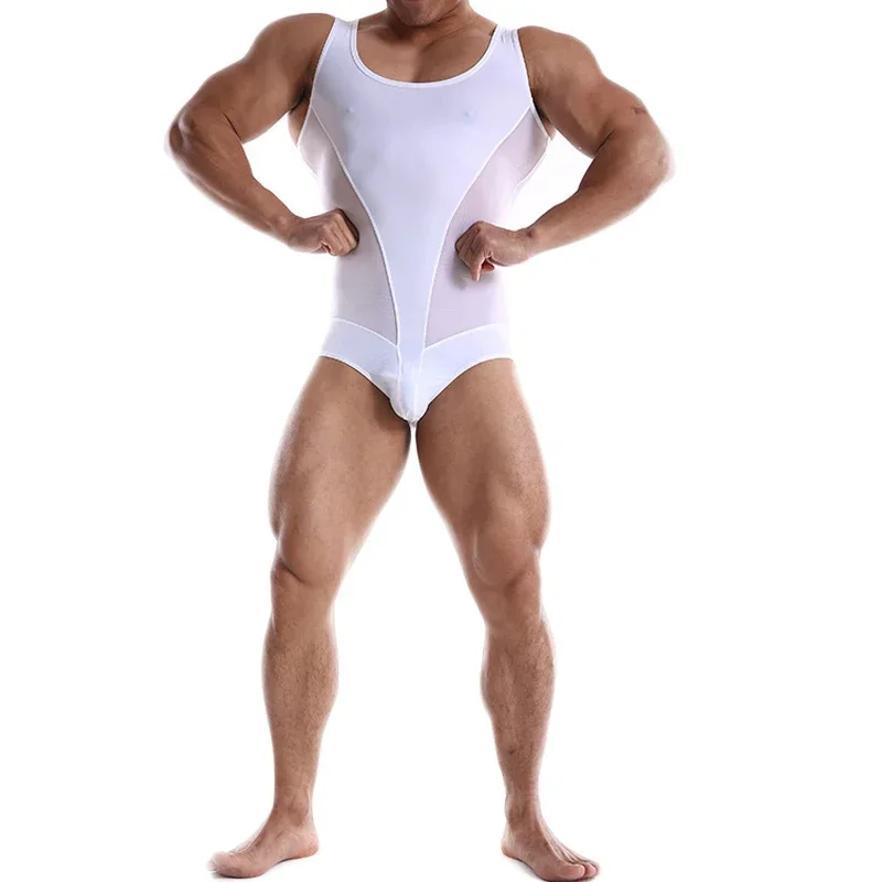 Men Undershirts Ice Corset High Elasticity One-piece Bodysuit Shapers Breathable Slim Mesh Splicing Fitness Leisure Jumpsuit