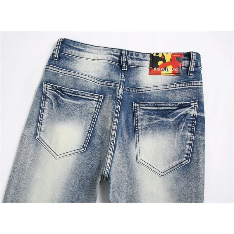 Punk trendy vintage blue jeans men's slim fit stretch ripped print personality unique skinny retro biker's trousers