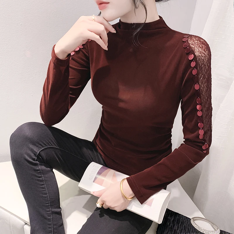 Faionable da donna lunga Sve Base in velluto irt ter Ne Me Splicing T-shirt attillata Street Sle Autunno Primavera Bright T...